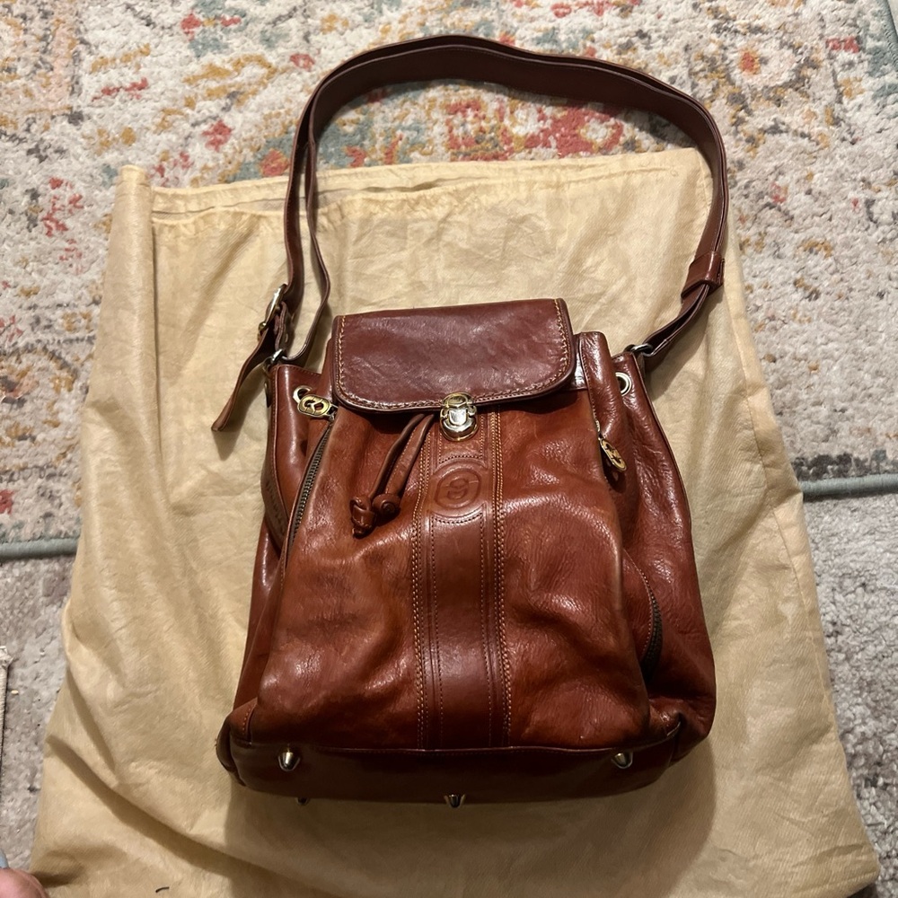 Marino Orlandi Cognac Leather Bucket Sling Bag or Backpack
